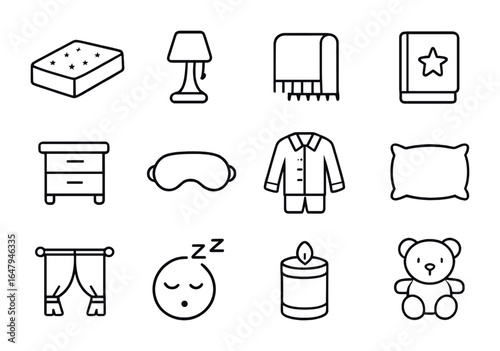 Cozy Bedroom Icons. Outline icon set of cozy bedroom moments: soft mattress, bedside lamp, throw blanket,