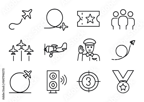 Aerobatic Icons Collection. Outline icon set of airshow and aerobatics: smoke trail, wingtip loop, airshow
