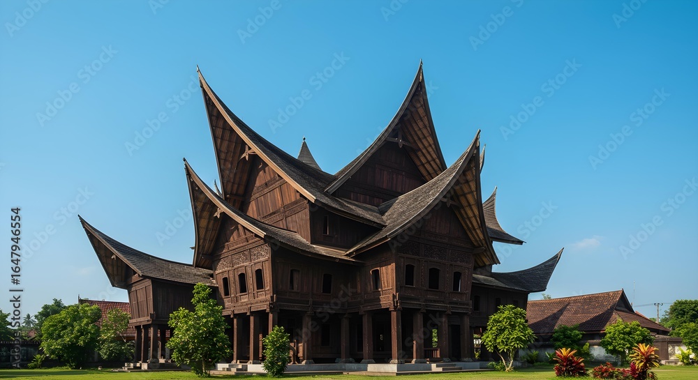 Naklejka premium Traditional Minangkabau Architecture with Distinctive Curved Roofs Under a Clear Blue Sky.