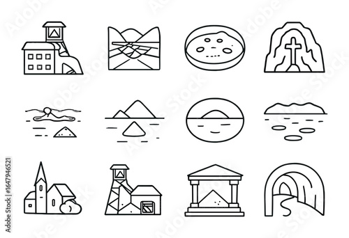 Salt Landmark Icons. Outline icon set of famous salt landmarks: Wieliczka mine, Salinas de Maras, Pink Lake,