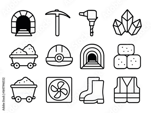 Salt Mining Icons. Outline icon set of mining for salt and its uses: salt mine entrance, pickaxe, drilling