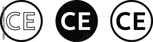 CE certification mark icons, black and white compliance symbols, European conformity logo vector, isolated on white background