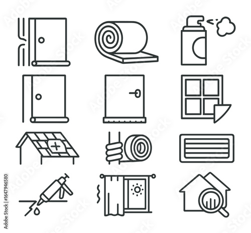 Home Insulation Icons. Outline icon set of sealing and insulating a home: weather seal, insulation roll, foam