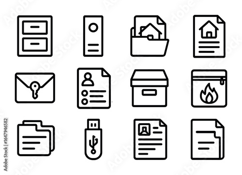 Document Icons Grid. Outline icon set of organizing documents for stored homes: file cabinet, legal binder,