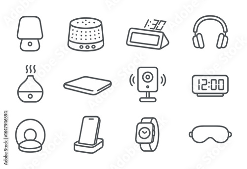 Bedtime Gadget Icons. Outline vector icons of bedtime gadgets: smart lamp, white noise machine, projection