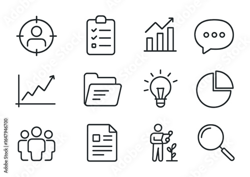 Market Research Icons. Outline vector icons of market research: target user, survey form, competitor chart,