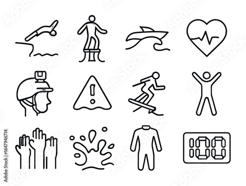 Extreme Water Sports Icons. Outline vector icons of extreme water sports: cliff diving, flyboard, speed wave,