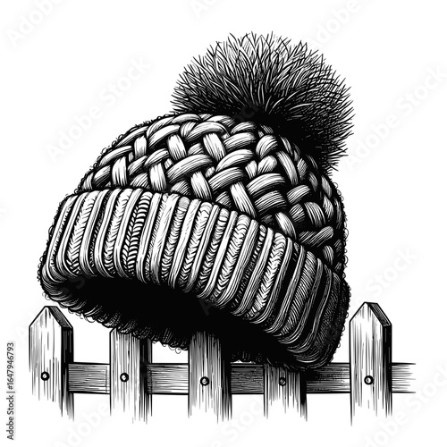 Knitted hat with pompom for winter warmth on the fence