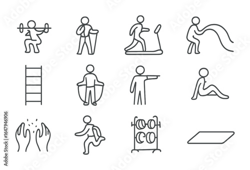 Athlete Training Icons. Outline vector icons of athlete training moments: gym squat, resistance band,