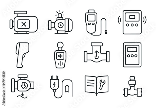 Pump System Diagnostics Icons. Outline vector icons of pump system diagnostics: error code, LED indicator,