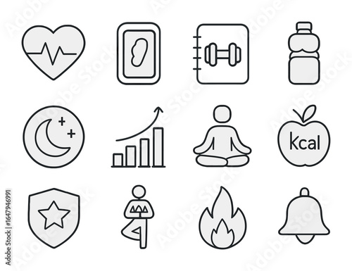 Fitness Icon Grid. Outline vector icons of fitness and wellness apps and their benefits: heart rate icon, step