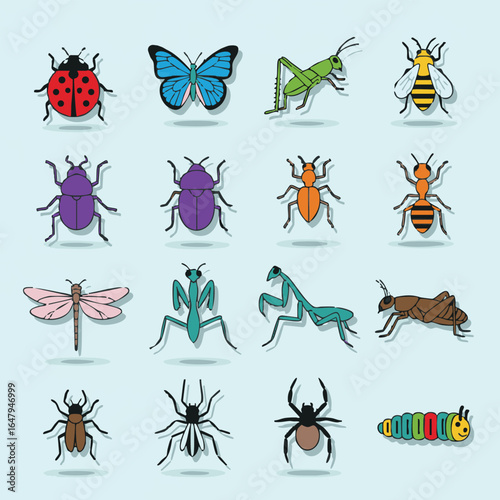 Colorful Insect Collection Vector Illustration featuring Butterfly Ladybug Grasshopper and other insects for educational purposes and children books