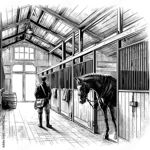 Horse and Person Standing in Stable Interior