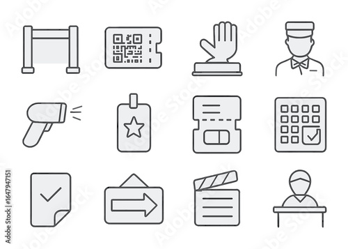Venue Entry Icons. Outline vector icons of venue entry and ticketing: entry gate, QR code ticket, hand stamp,