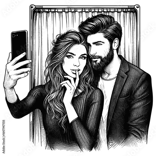 Couple taking selfie against curtain background