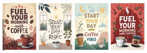 Colorful coffee-themed illustrations showcasing coffee cups and motivational phrases in a cozy atmosphere.