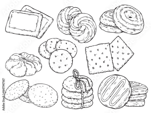 Collection of mixed hand drawn cookies, biscuit and crackers isolated outline drawing illustration 