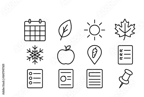 Seasonal Food Icons. Outline vector icons of seasonal food calendar: monthly grid, seasonal icons, spring leaf