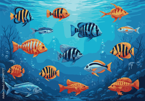 Colorful underwater world illustration featuring diverse fish species and vibrant coral reefs creating a captivating marine environment for various ocean creatures