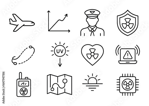 Aviation Radiation Icons. Outline vector icons of high-altitude radiation exposure: airplane icon, altitude