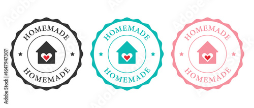 Three circular "Homemade" badges with a house and heart icon, in black, teal, and pink