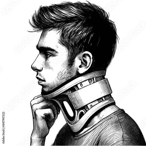 Man wearing neck brace contemplating