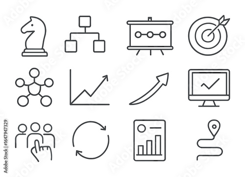 Strategy Planning Icons. Outline vector icons of strategy planning sessions: chess piece, flow chart, timeline