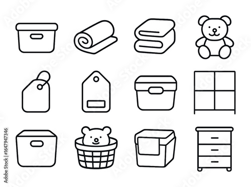 Nursery Storage Icons. Outline vector icons of nursery blanket and towel storage: baby bin, folded swaddle,