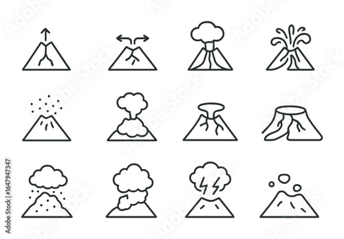 Volcanic Eruption Icons. Outline vector icons of volcanic eruption stages: magma pressure, ground deformation,