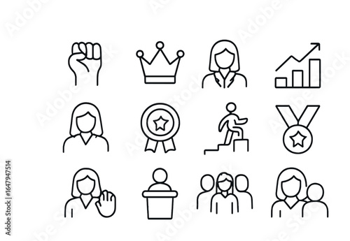 Women Empowerment Icons. Outline vector icons of women empowerment: raised fist, crown icon, growth arrow,