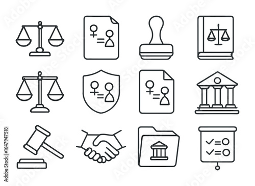 Gender Equality Icons. Outline vector icons of gender equality laws: legal scale, equality act, document stamp