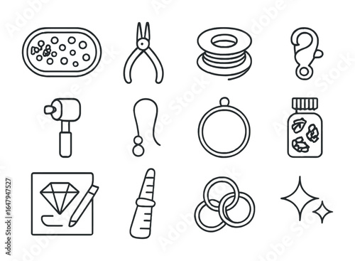 Jewelry Making Icons Grid. Outline vector icons of jewelry making party: bead tray, pliers, string wire, clasp