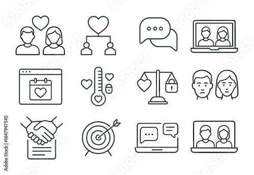 Online Couples Counseling Icons. Outline vector icons of couples counseling online: two avatars, heart icon,