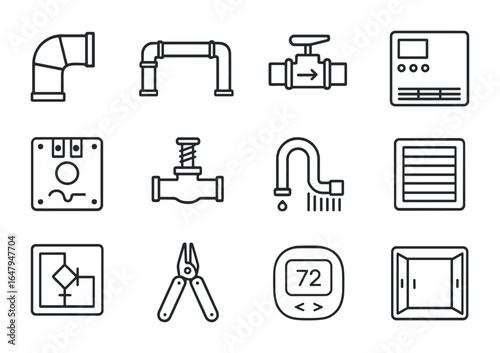HVAC Plumbing Icons. Outline icon set of HVAC and plumbing integration: HVAC duct, pipe line, flow switch,