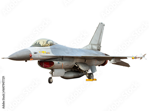 F-16 military jet fighter parked at the airport on a white background.
