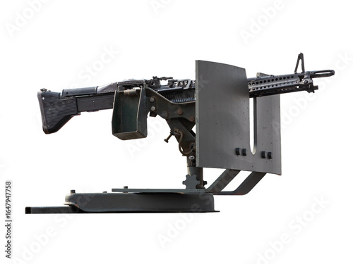 Εκτύπωση καμβά A gun with a bullet shield for mounting on the back of a vehicle.