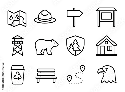 National Park Icon Set. Outline icon set of national park visit: park map, ranger hat, trailhead sign, info