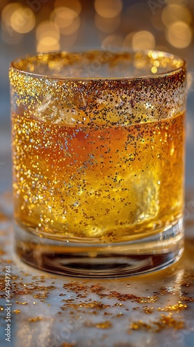Sparkling Cocktail With Golden Glitter Served in an Elegant Glass on a Festiv...