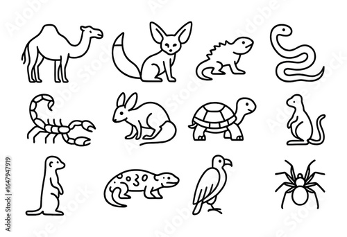 Desert Creature Icons. Outline icon set of desert creatures: camel, fennec fox, horned lizard, sidewinder