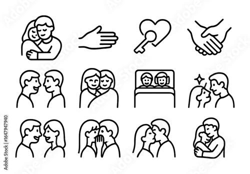 Intimacy Icon Set. Outline icon set of intimacy and closeness: cuddling icon, gentle touch, heart key, trust