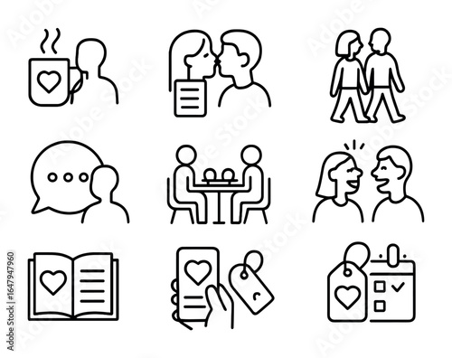 Relationship Habits Icons. Outline icon set of daily relationship habits: morning coffee, goodnight kiss,