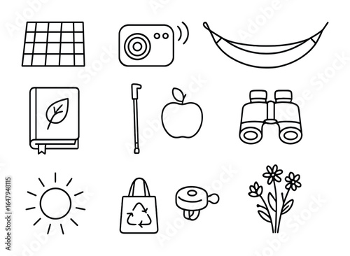 Weekend Park Essentials. Outline icon set of weekend park retreat: picnic mat, outdoor speaker, hammock,