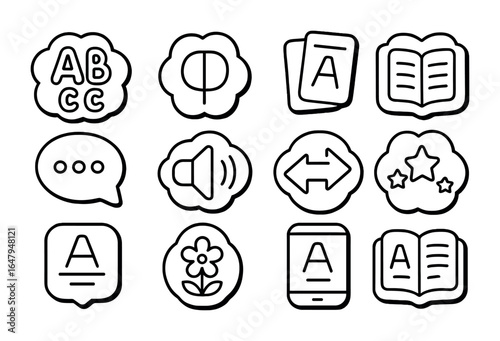 Language Learning Icons. Outline icon set of language learning stickers: alphabet set, phonetic symbol,