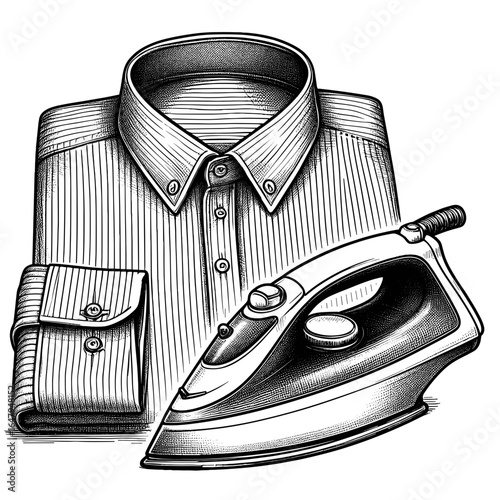 Shirt and iron sketch in black and white for laundry concept