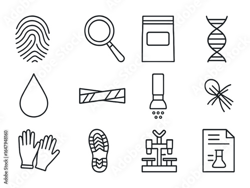 Forensic Science Icons. Outline icon set of forensic science lab: fingerprint icon, magnifying glass, evidence