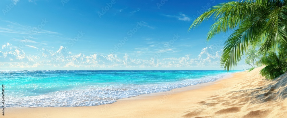 Fototapeta premium The Tropical Beach With Palm Trees, Turquoise Water And Golden Sand Under Blue Sky
