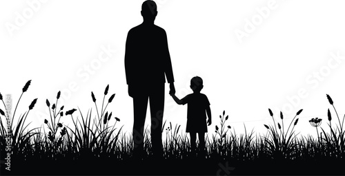 Silhouette, father and child, holding hands, standing in grass field, family bond, parent love, black vector, outdoor scene, nature background, parenting, togetherness, peaceful, walk