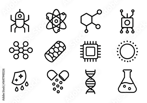 Nanotechnology Icon Set. Outline icon set of nanotechnology applications: nanorobot, atomic structure,