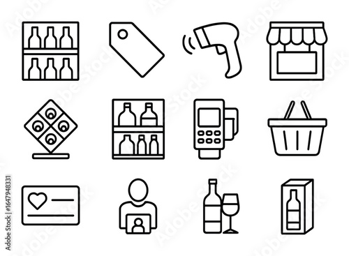 Wine Store Icon Set. Outline icon set of wine and spirits store: shelf with bottles, price tag, barcode