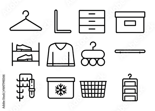Closet Organization Icons. Outline icon set of organizing closet: clothes hanger, shelf divider, drawer unit,